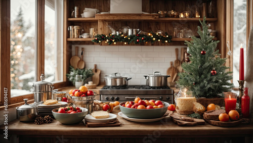Cozy village kitchen with Christmas decor, new Year's mood, preparing for the holiday, utensils. Merry Christmas and Happy New Year greeting card, home warmth © Ольга Симонова