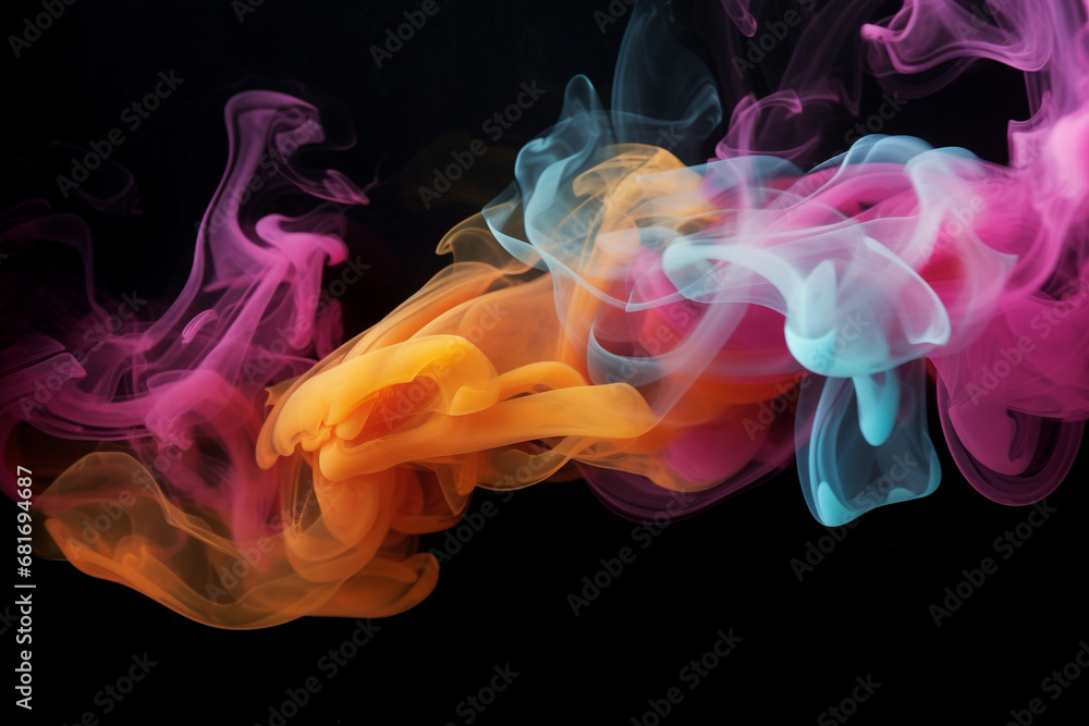 Creative Vibrant Smoke Swirls in Blue, Pink, and Yellow Hues Against a black background. Ai generated Creative Vibrant Smoke Swirls in Blue, Pink, and Yellow Hues Against a black background. Ai generated