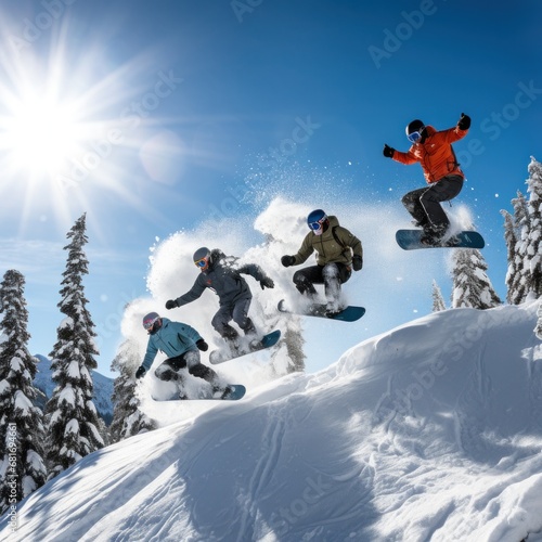 snowboarders catching air off a large jump, with snow spraying behind them