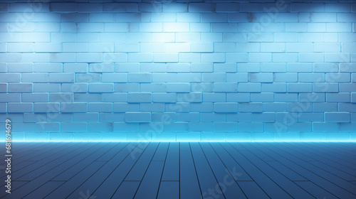 Mur en brique blanc avec lumière bleu au plafond. Ambiance calme, lumineux. Mock-up. Fond pour conception et création graphique, bannière.