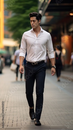 man wearing a crisp white shirt and tailored black pants, walking confidently down a busy street