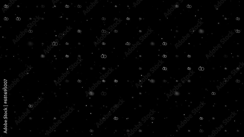Template animation of evenly spaced wedding rings symbols of different sizes and opacity. Animation of transparency and size. Seamless looped 4k animation on black background with stars Template animation of evenly spaced wedding rings symbols of different sizes and opacity. Animation of transparency and size. Seamless looped 4k animation on black background with stars