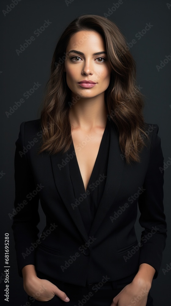 A portrait of a woman wearing a chic black blazer, looking confidently at the camera