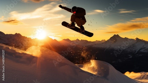 A snowboarder performing a backflip on a large jump, with the sun setting behind them