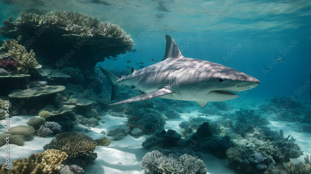 Fototapeta premium a grey shark with sharp teeth swimming in a beautiful blue ocean reef at an island with fishes, .AI