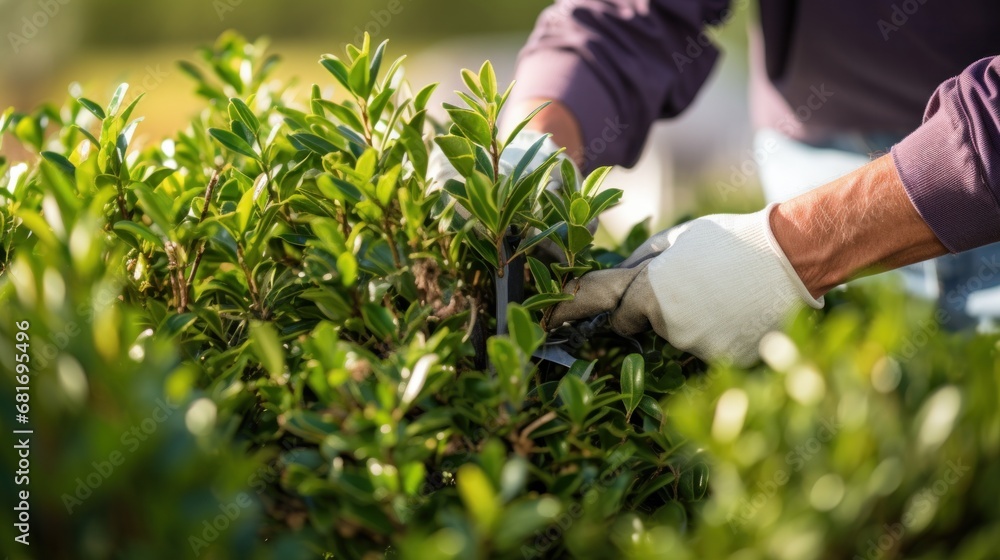 gardener pruning a bush with a pair of shears gardener pruning a bush with a pair of shears