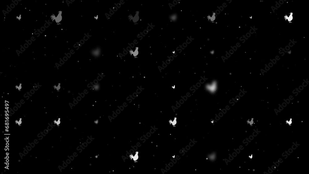 Template animation of evenly spaced rooster symbols of different sizes and opacity. Animation of transparency and size. Seamless looped 4k animation on black background with stars Template animation of evenly spaced rooster symbols of different sizes and opacity. Animation of transparency and size. Seamless looped 4k animation on black background with stars