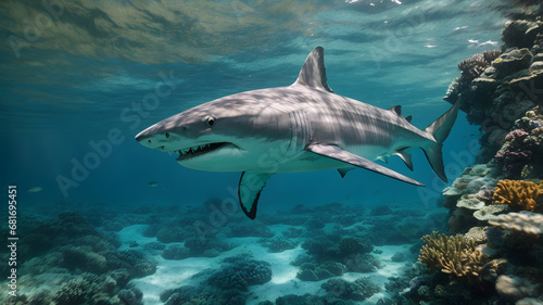 a grey shark with sharp teeth swimming in a beautiful blue ocean reef at an island with fishes  .AI