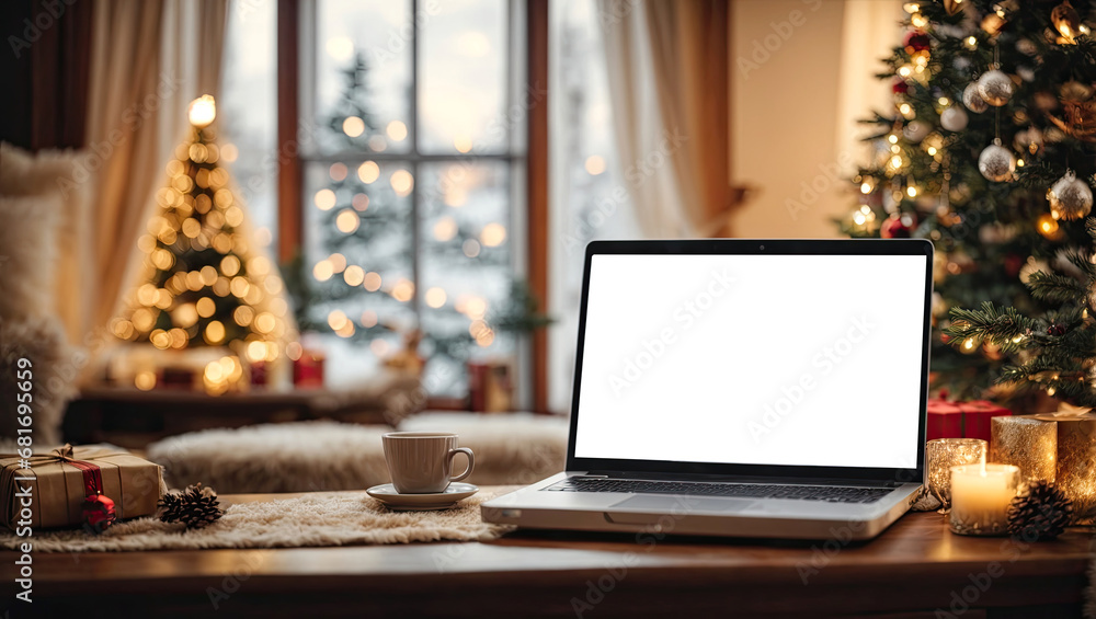 Laptop with a white screen mock up on the table against the background of the Christmas decor of the room with a Christmas tree, fairy lights, cozy room Laptop with a white screen mock up on the table against the background of the Christmas decor of the room with a Christmas tree, fairy lights, cozy room