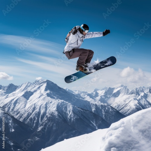 A snowboarder performing a stylish grab trick while riding down a mountain