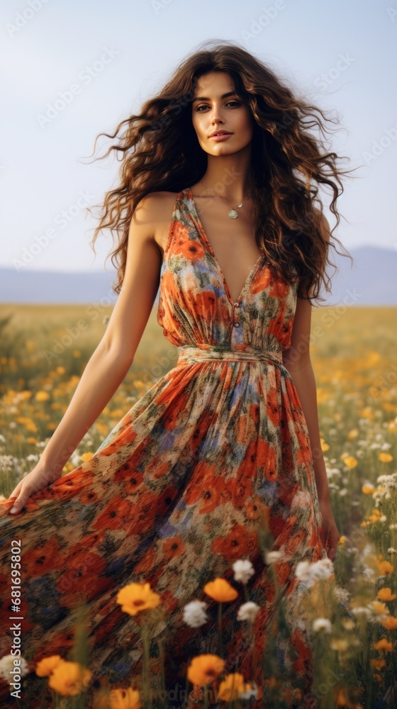 a woman wearing a flowing maxi dress, standing in a field of wildflowers a woman wearing a flowing maxi dress, standing in a field of wildflowers