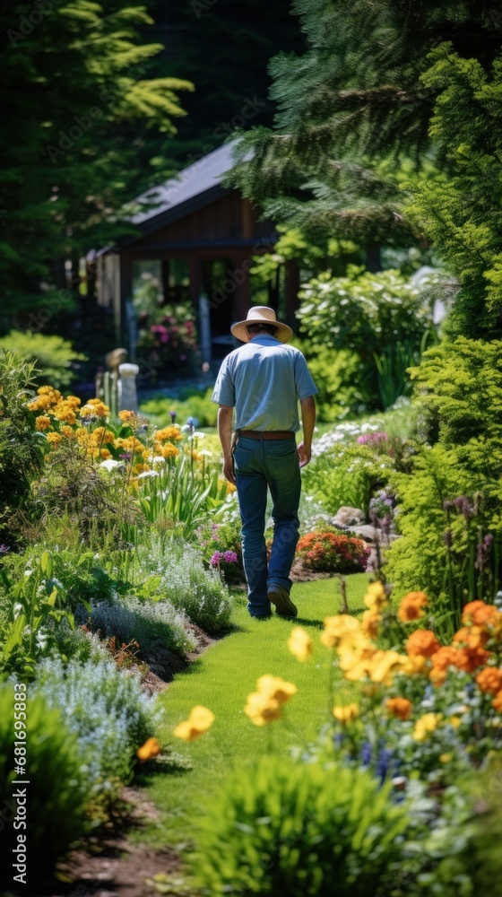 gardener admiring their garden, standing among blooming flowers and lush greenery