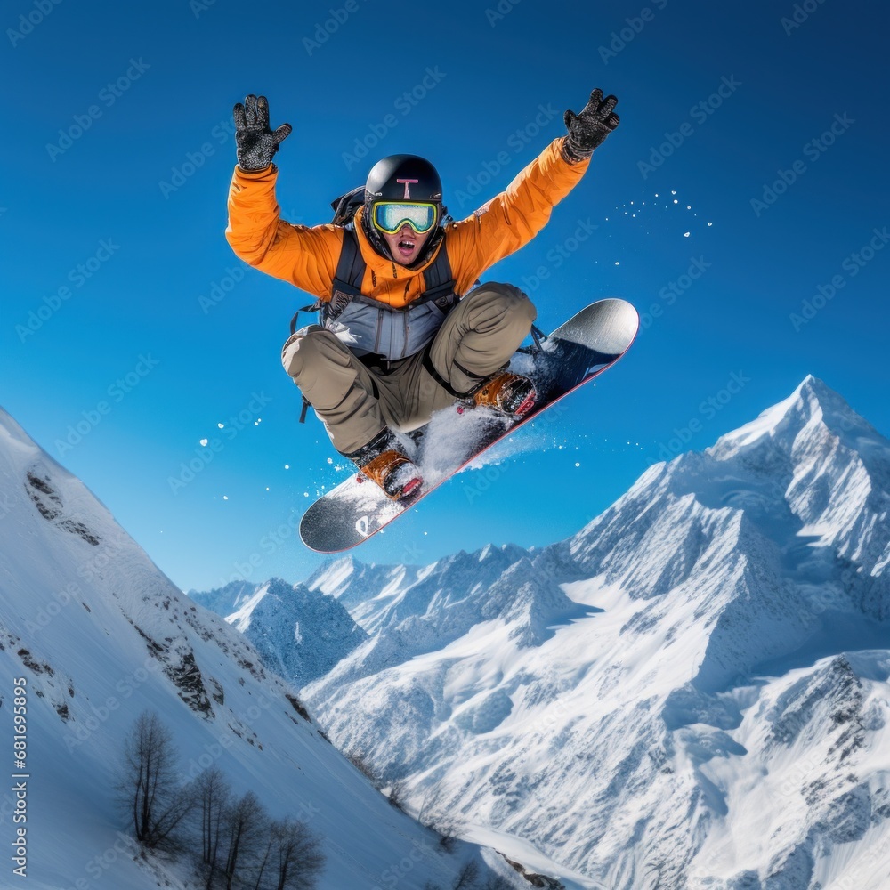 A snowboarder performing a stylish grab trick while riding down a mountain A snowboarder performing a stylish grab trick while riding down a mountain