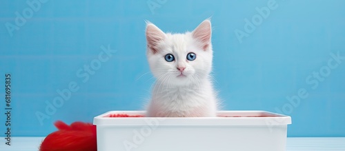 In a photo captured in a studio, a young, cute white cat is isolated against a white background, sitting in a white plastic box inside a white-blue bathroom with a red house-shaped toy. The image