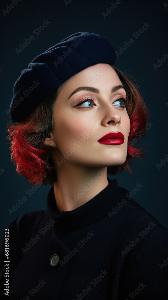 woman wearing a stylish beret, looking off into the distance with a thoughtful expression woman wearing a stylish beret, looking off into the distance with a thoughtful expression
