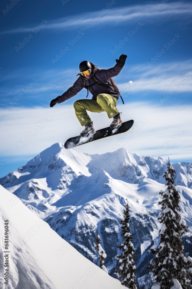 A snowboarder performing a stylish grab trick while riding down a mountain