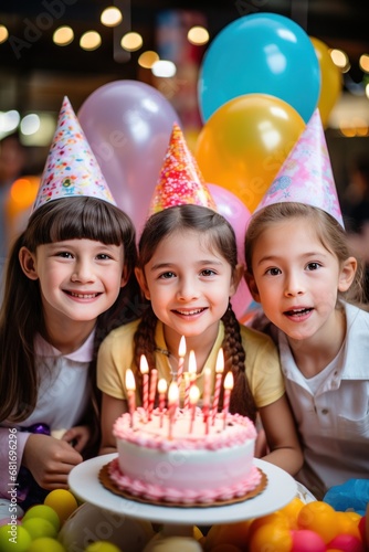 A group of smiling children wearing party hats and holding colorful balloons, with a birthday cake