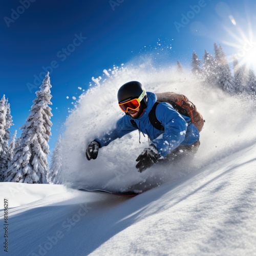 A snowboarder carving through a half-pipe, with a clear blue sky above