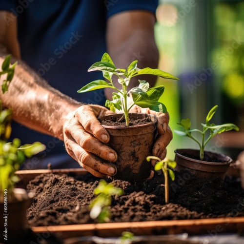 gardener using a trowel to plant a seedling in a pot with a vibrant, green ba...