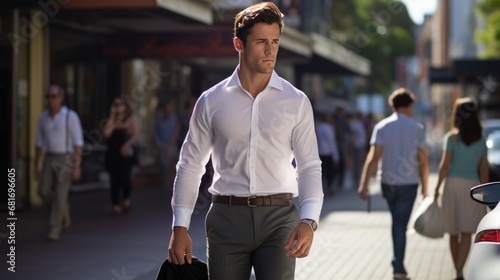 man wearing a crisp white shirt and tailored black pants, walking confidently...