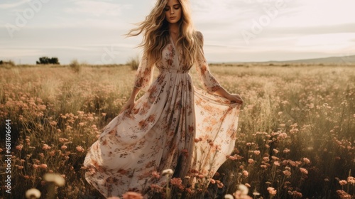 a woman wearing a flowing maxi dress, standing in a field of wildflowers