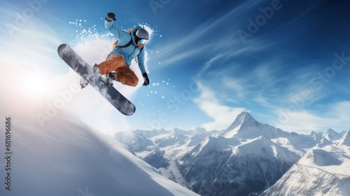 A snowboarder performing a stylish grab trick while riding down a mountain
