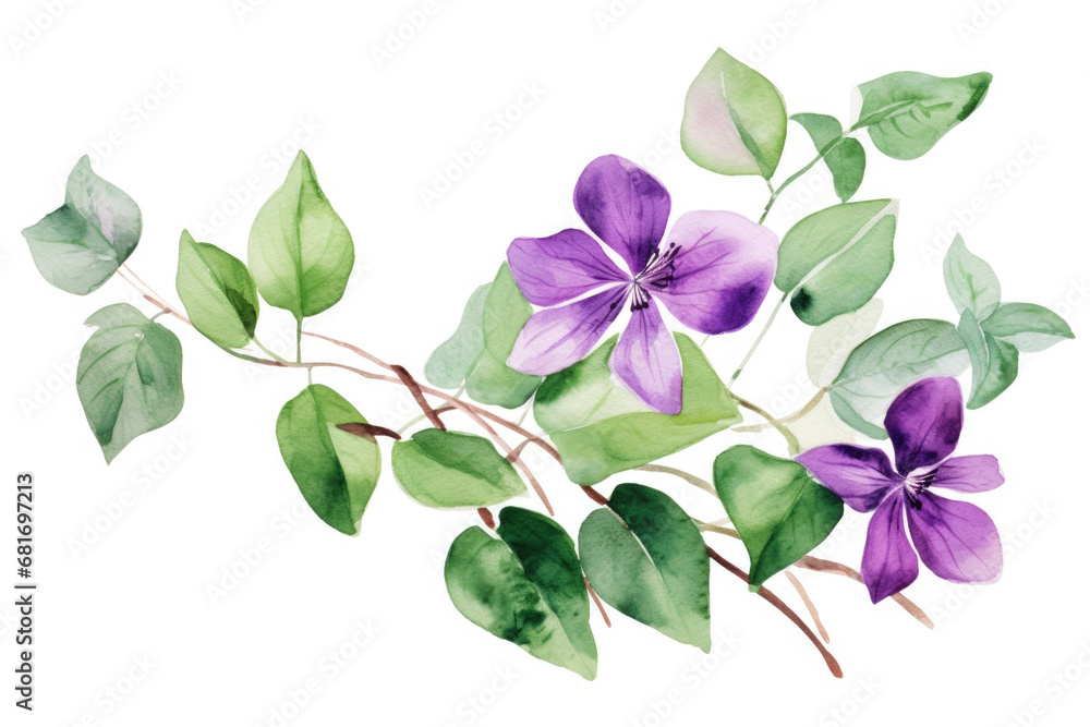 Watercolor image of purple flowers and green leaves on white background, top view