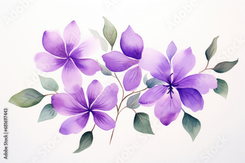 Watercolor image of purple flowers and green leaves on white background  top view