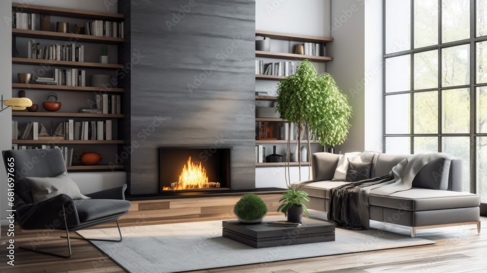 Naklejka premium Living room decor, home interior design . Modern Minimalist style with Fireplace decorated with Leather and Wood material . Generative AI AIG26.