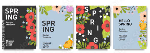 Set of trendy minimal spring posters with bright beautiful flowers and modern typography. Spring background, cover, sale banner, flyer design. Template for advertising, web, social media.
