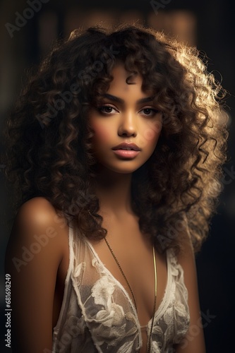beautiful curly latina woman with stylish hair, attractive brazilian or black african american female with elegant hairstyle