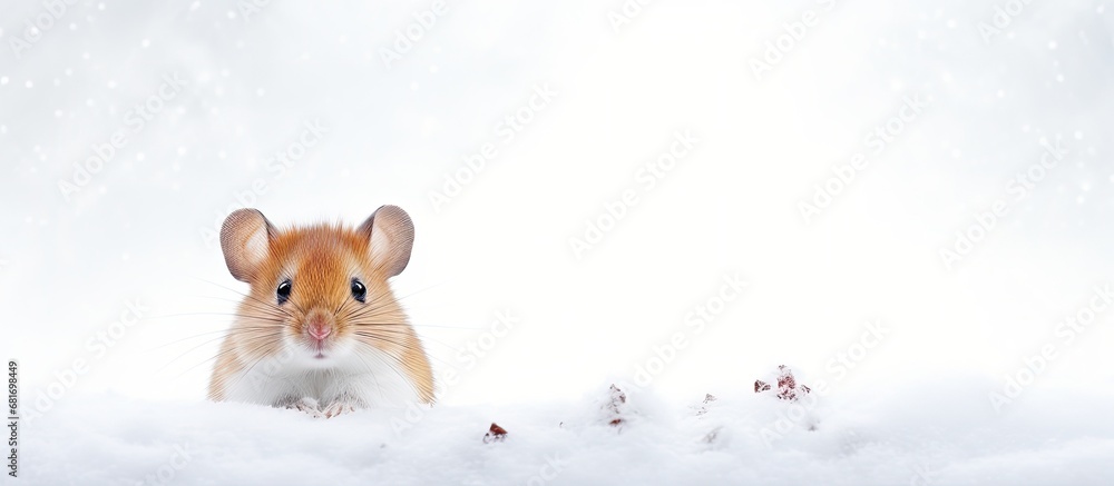 In the vast expanse of a white winter background, a cute and adorable ...