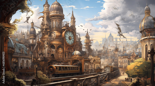 Steampunk Dreams: An illustration blending Victorian aesthetics with futuristic elements in hyper-realistic detail, featuring a steampunk-inspired cityscape photo