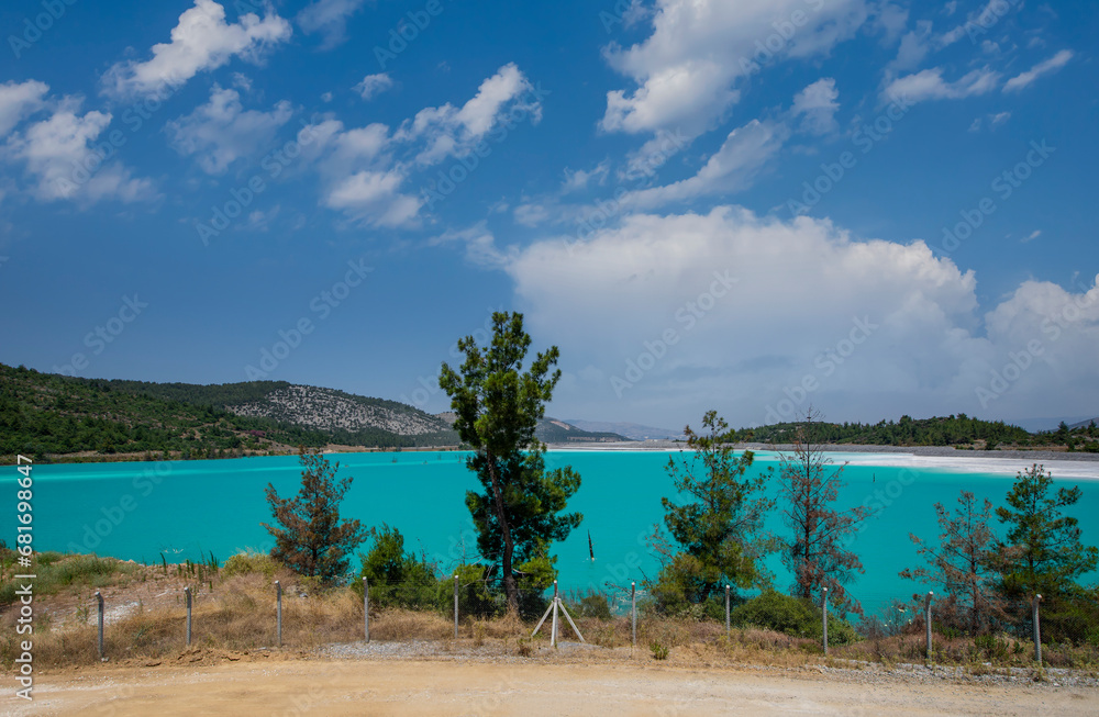 Blue pond (Ash pond) consisting of burned coal ashes in the thermal power plant in the Yatagan district of Mugla province Blue pond (Ash pond) consisting of burned coal ashes in the thermal power plant in the Yatagan district of Mugla province