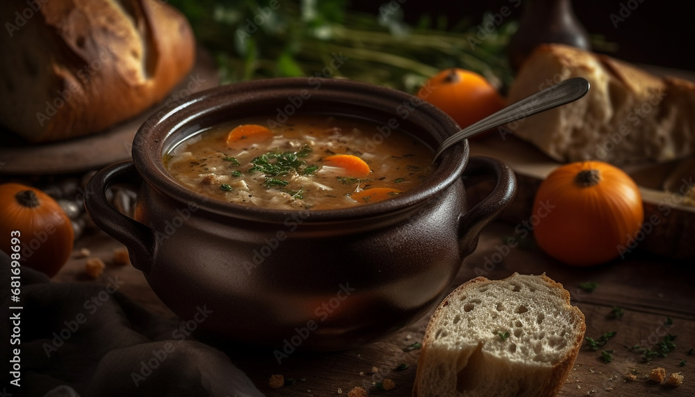 Rustic pumpkin soup on wooden table, perfect for autumn lunch generated by AI Rustic pumpkin soup on wooden table, perfect for autumn lunch generated by AI