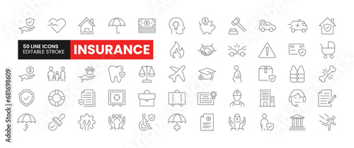 Set of 50 Insurance line icons set. Insurance outline icons with editable stroke collection. Includes Travel, Life Insurance, Fracture, Medical Insurance, Construction Risk, and More.