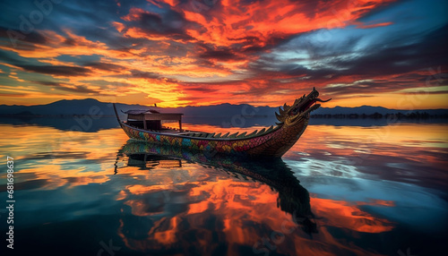 Sailing ship reflects multi colored sky on tranquil seascape at dusk generated by AI © Jeronimo Ramos