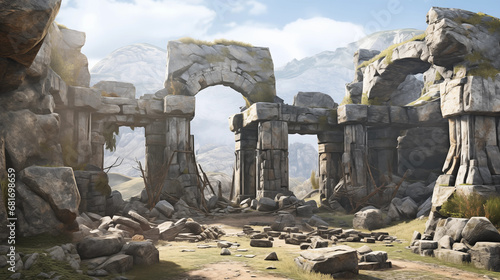 Ancient Ruins Revival: A hyper-realistic portrayal of ancient ruins brought back to life, with intricate details of weathered stones and architectural remnants
