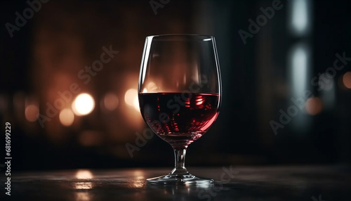 Luxury wine bottle on elegant table, reflecting dark background generated by AI