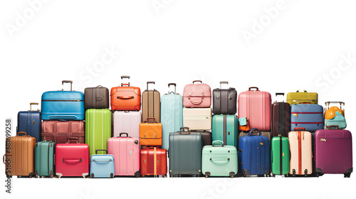 Many colorful suitcases on transparent background PNG. Summer travel and tourism concept.