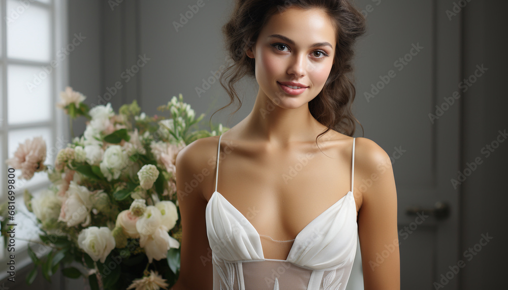 Beautiful young woman in bridal dress smiling indoors at camera generated by AI Beautiful young woman in bridal dress smiling indoors at camera generated by AI