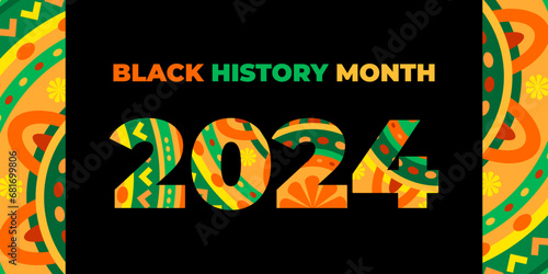 Black history month 2024 vector banner. Numbers with African colors. African-American History Month illustration for social media, card, poster on black background with ornament decoration.