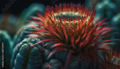 Sharp underwater thorn on purple echinoderm in tropical reef generated by AI