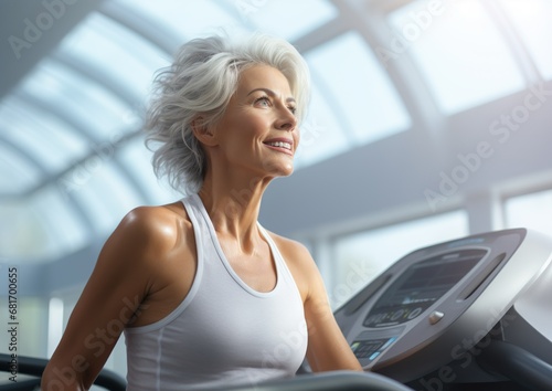 Happy elderly woman enjoying fitness training at the gym for a healthy lifestyle
