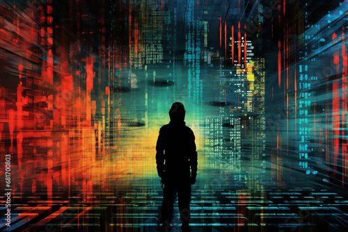 a black silhouette of a man against the background of a distorted double code with a pixel effect,the concept of an abstract representation of cybercriminals,digital illustration