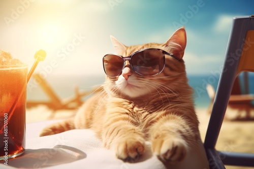 Funny cute cat in sunglasses drinks coctail on a sun lounger on an exotic beach photo