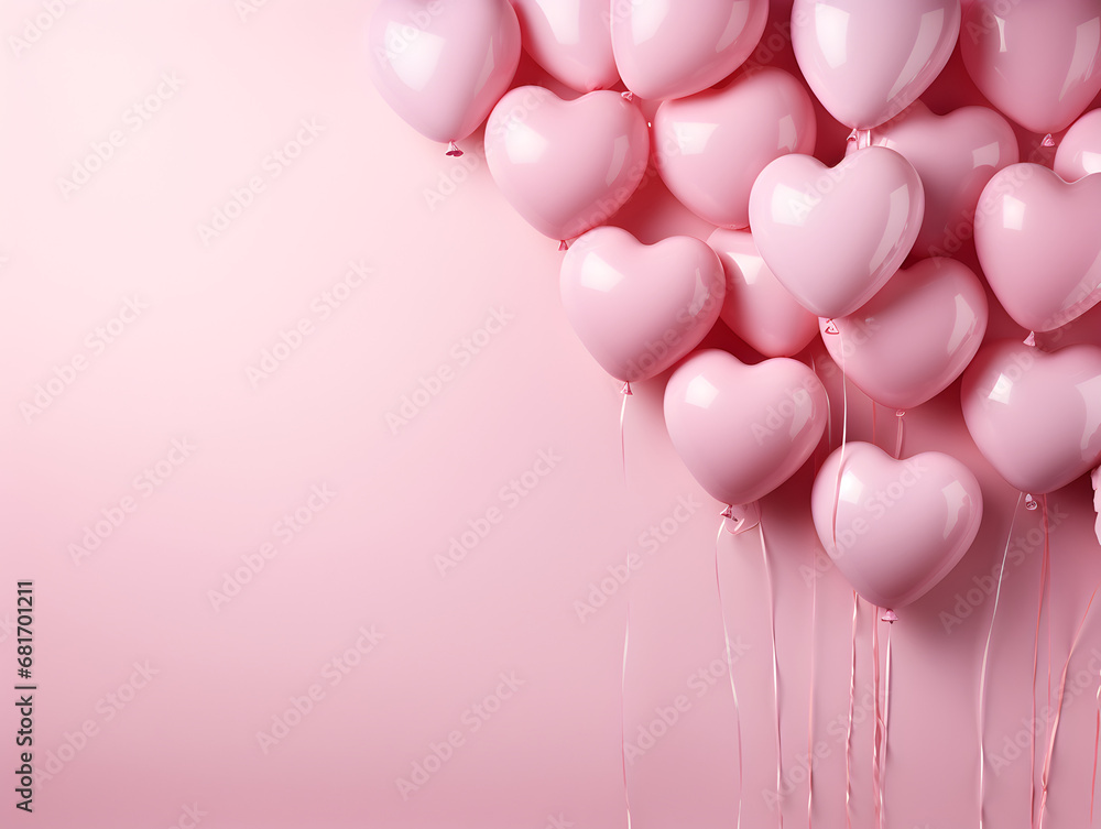 Many pink heart balloons on empty background. AI generative