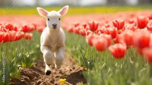 lamb running in spring in tulips.  #681701236