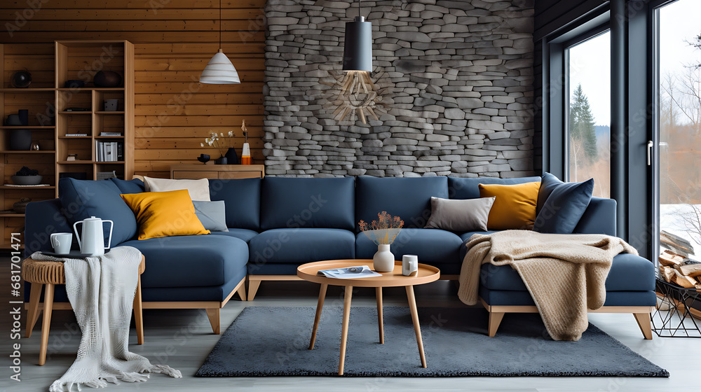 Two knitted poufs near dark blue corner sofa. Scandinavian home interior design of modern living room