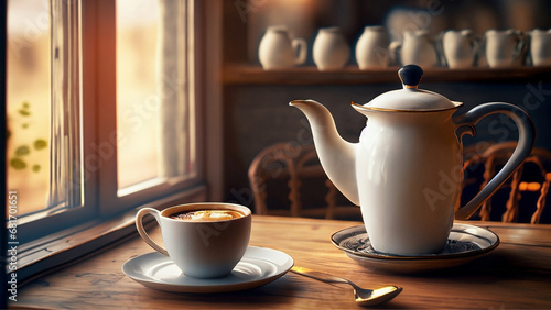 Uma xícara com café e um bule de louça sobre uma mesa ao lado da janela de bistrô muito aconchegante.